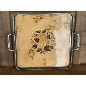 Vintage Mid-Century Sorrento Italy Inlaid Wood Tray, Floral Design, Handles